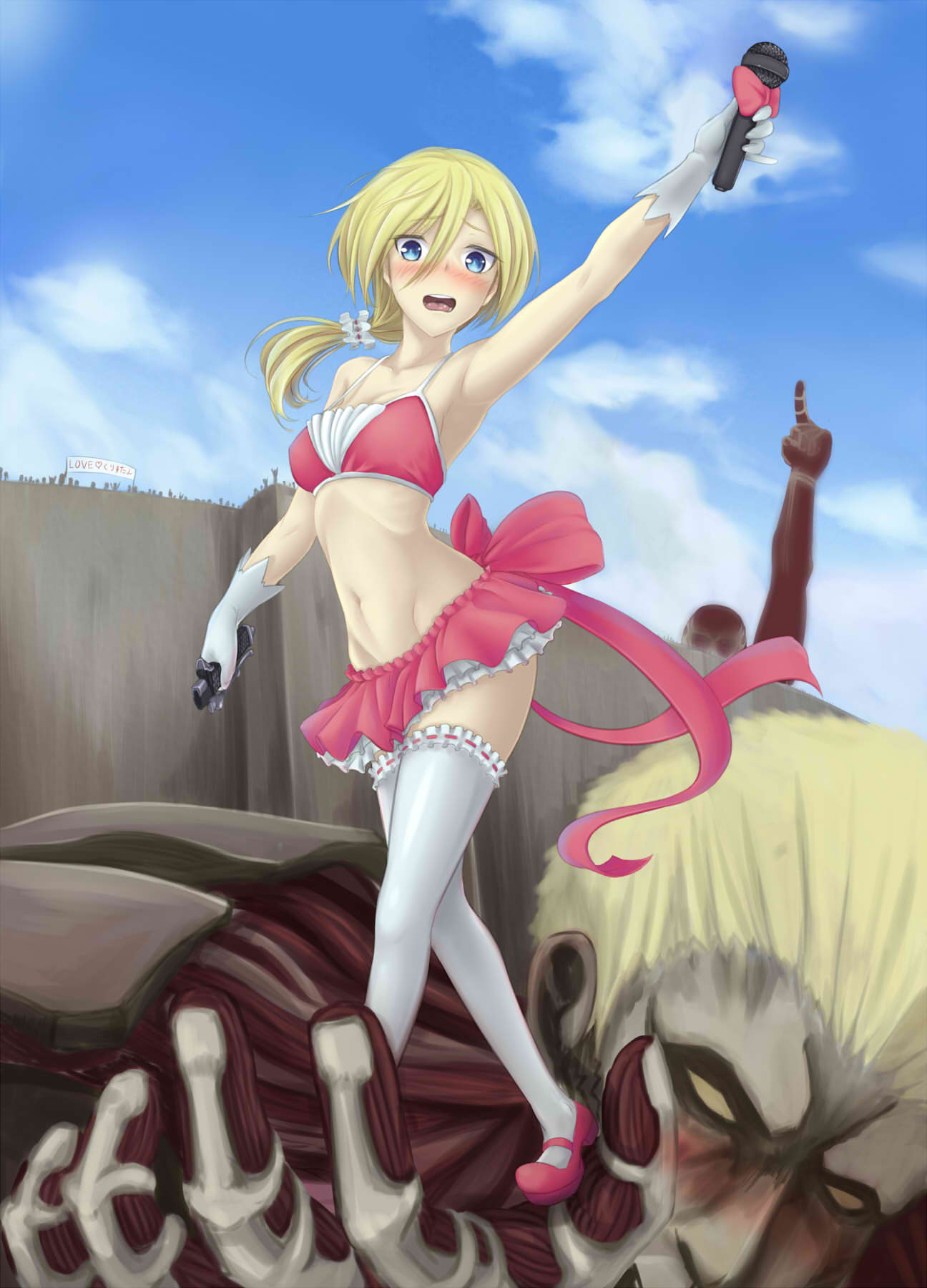 armored_titan, blonde_hair, blue_eyes, blush, christa_renz, colossal_titan, highres, long_hair