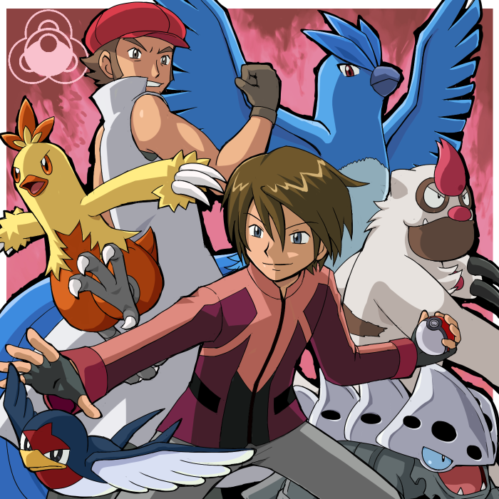 2boys, articuno, brown_hair, clenched_hand, combusken, datsura_(pokemon), fangs, fingerless_gloves