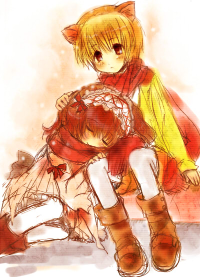 blonde_hair, boots, brown_hair, closed_eyes, dress, midori-neko, red_eyes, sakutarou