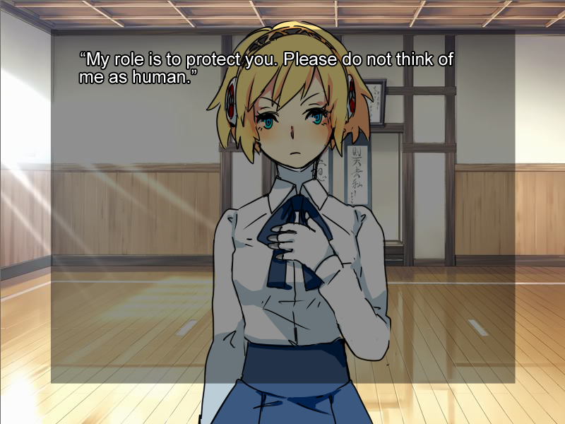 1girl, aegis, ai-wa, android, blonde_hair, blue_eyes, cosplay, dojo