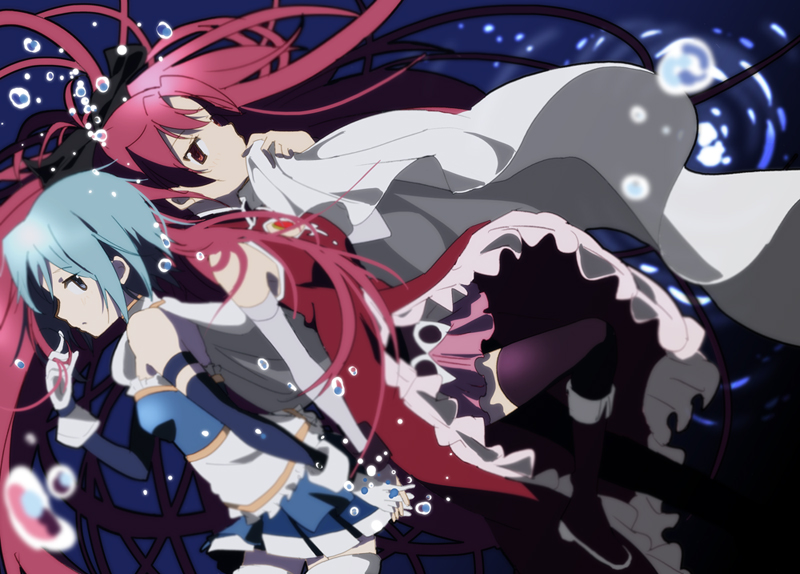 2girls, back-to-back, black_legwear, blue_eyes, blue_hair, bubble, cape, cape_tug