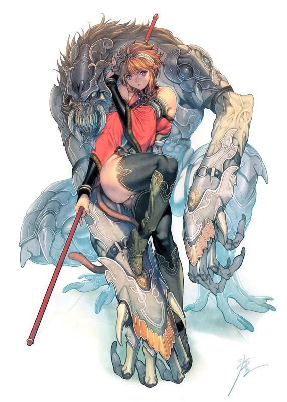 1girl, bare_legs, black_legwear, boots, breasts, bridal_gauntlets, brown_hair, chinese_clothes