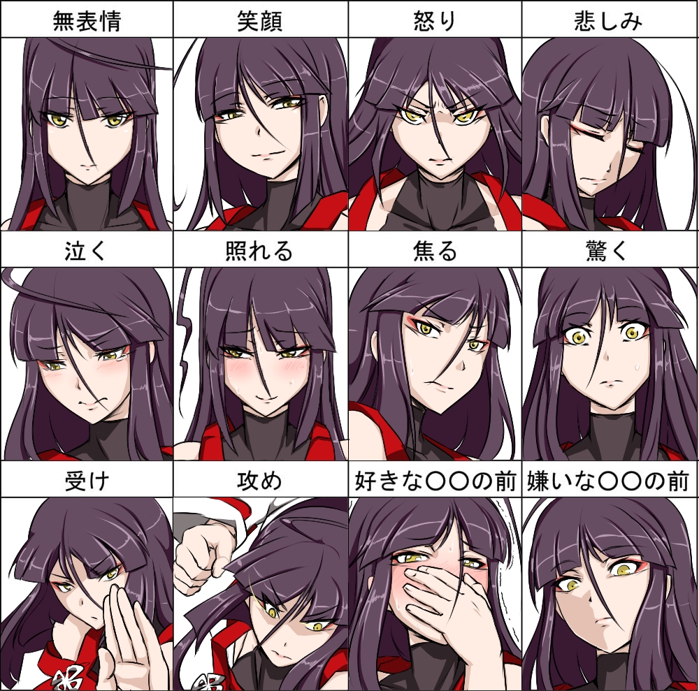 1girl, ahoge, black_hair, blush, breasts, closed_eyes, embarrassed, expressions