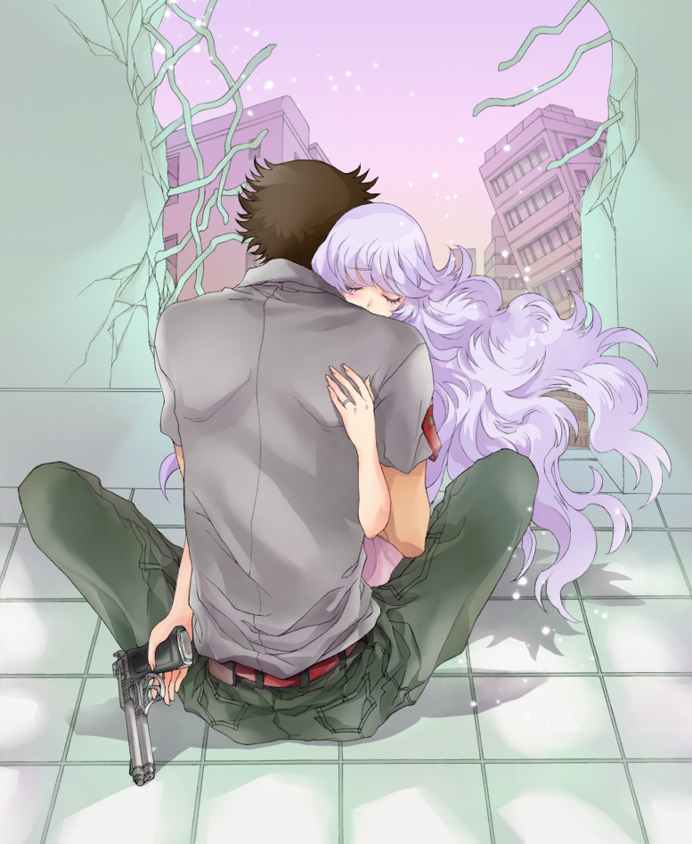 1boy, 1girl, adult, brown_hair, closed_eyes, couple, dress, gun, hetero, hug, jewelry, long_hair, purple_hair, ring, sakaki_shuuji, sannomiya_shiho, tachibana_urara_(uraryo), weapon, zettai_karen_children