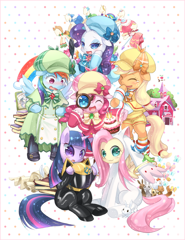 6+girls, :3, animal, applejack, blonde_hair, blue_eyes, blush, bodysuit