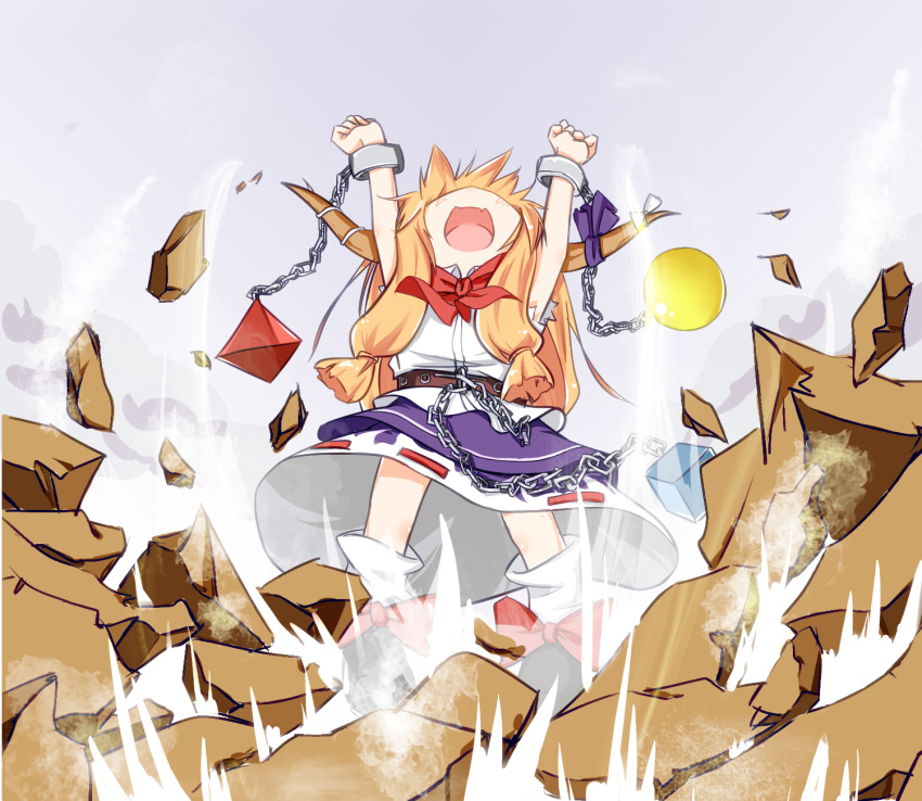 1girl, arms_up, chain, highres, horns, ibuki_suika, long_hair, open_mouth