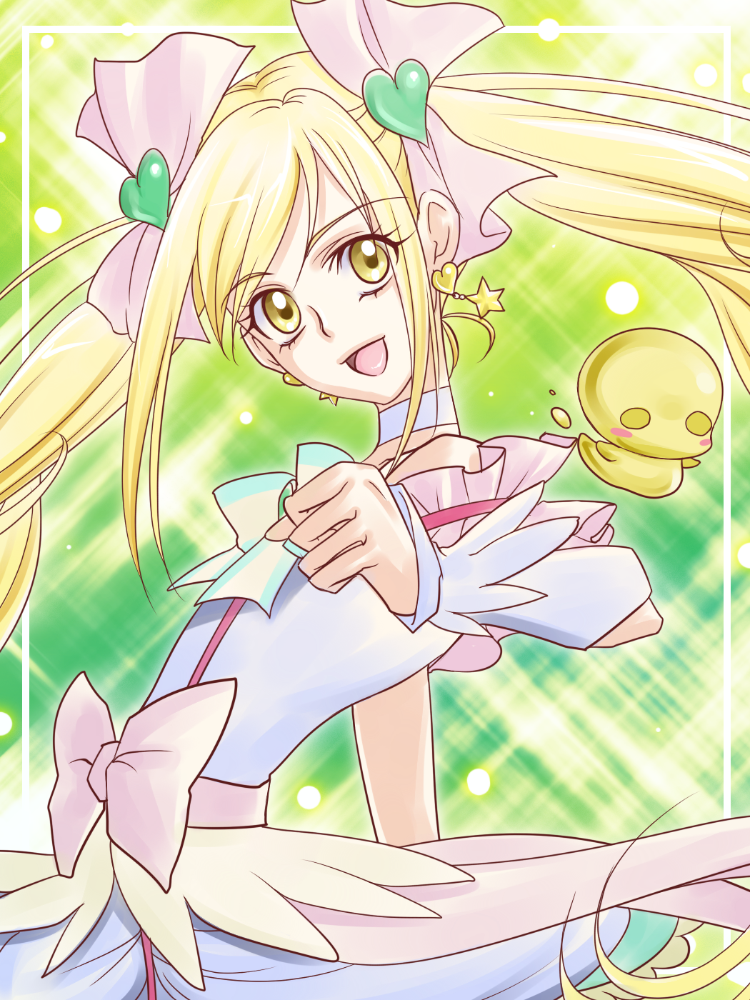1girl, blonde_hair, bow, cure_echo, dress, earrings, fuu-chan_(precure), hair_ornament