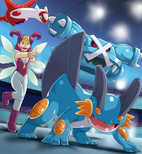 1boy, frontier_brain, heath_(pokemon), latias, leg_up, metagross, open_mouth, pointing, pokemoa, pokemon, pokemon_(anime), pokemon_(creature), pokemon_(game), pokemon_rse, purple_hair, red_eyes, smile, stadium, swampert, yellow_eyes