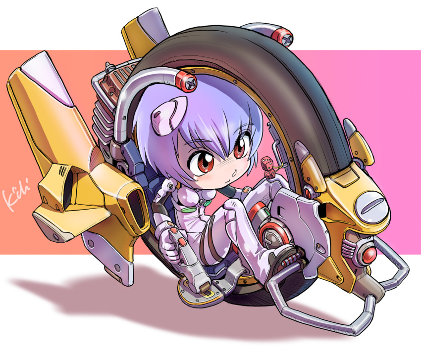 ayanami_rei, blue_hair, chibi, kiichi, monowheel, neon_genesis_evangelion, plugsuit, red_eyes, riding_machine, wheel