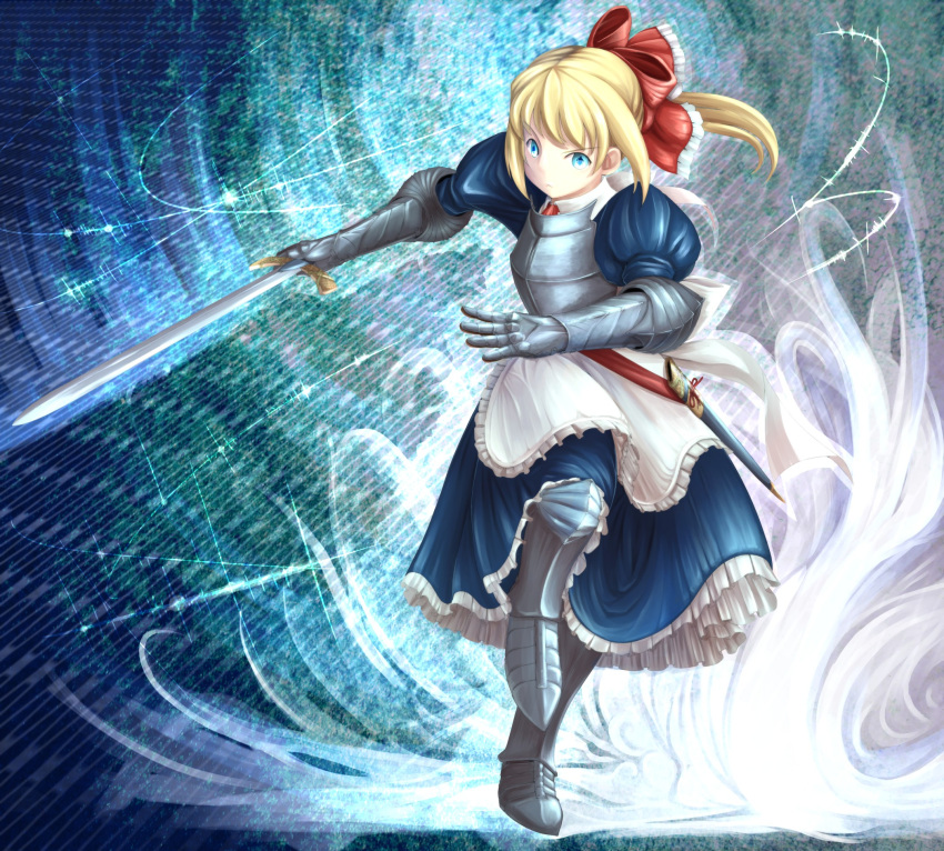 1girl, :<, apron, armor, blonde_hair, blue_background, blue_eyes, bow