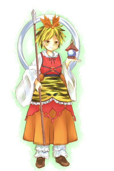 bad_id, blonde_hair, hair_ornament, jeweled_pagoda, lantern, polearm, shiki_shaku, short_hair