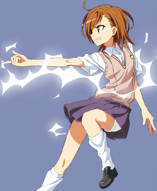 brown_eyes, brown_hair, eiraprpr, electricity, misaka_mikoto, school_uniform, short_hair, shorts
