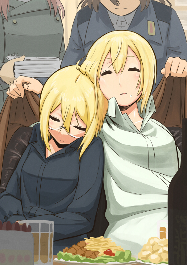 4girls, blonde_hair, bottle, brown_hair, cake, erica_hartmann, food, gertrud_barkhorn, glass, glasses, long_hair, military, military_uniform, minna-dietlinde_wilcke, multiple_girls, plate, quick10_117117, short_hair, sleeping, smile, strike_witches, uniform, ursula_hartmann
