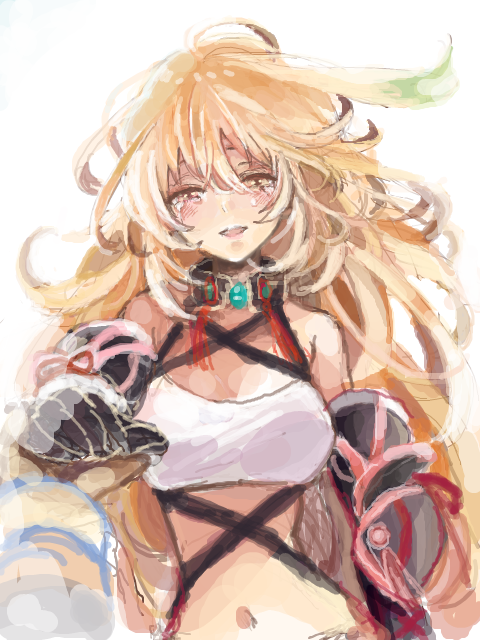 bare_shoulders, blonde_hair, green_hair, j-peg, milla_maxwell, multicolored_hair, navel, red_eyes