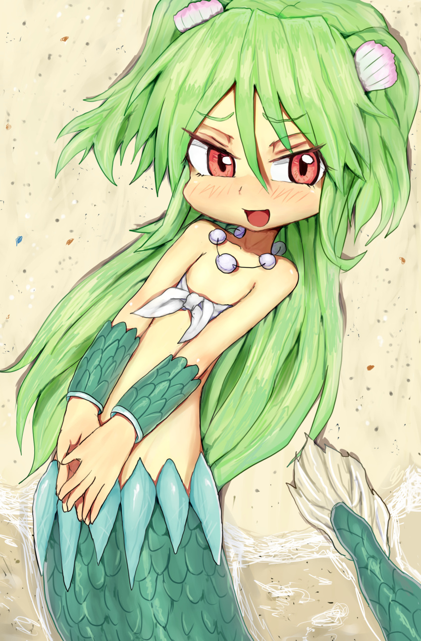1girl, absurdres, fish_tail, green_hair, hayake_(chenran), highres, jewelry, long_hair