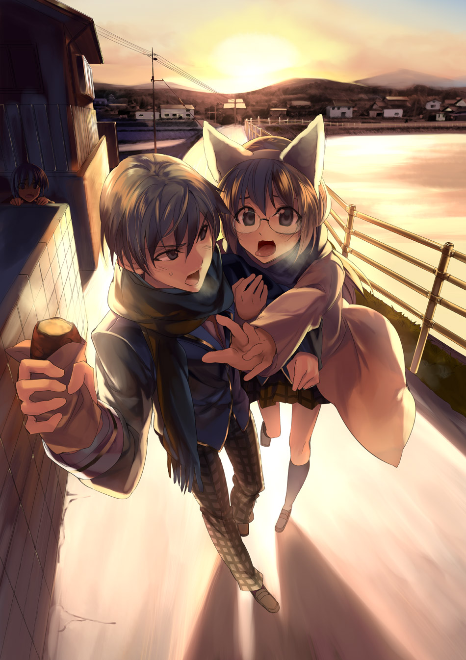 1boy, 2girls, animal_ears, black_hair, boku_wa_tomodachi_ga_sukunai, brown_hair, cat_ears, fake_animal_ears