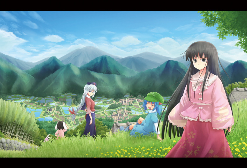 5girls, animal_ears, black_eyes, black_hair, blue_hair, blue_sky, braid, clouds