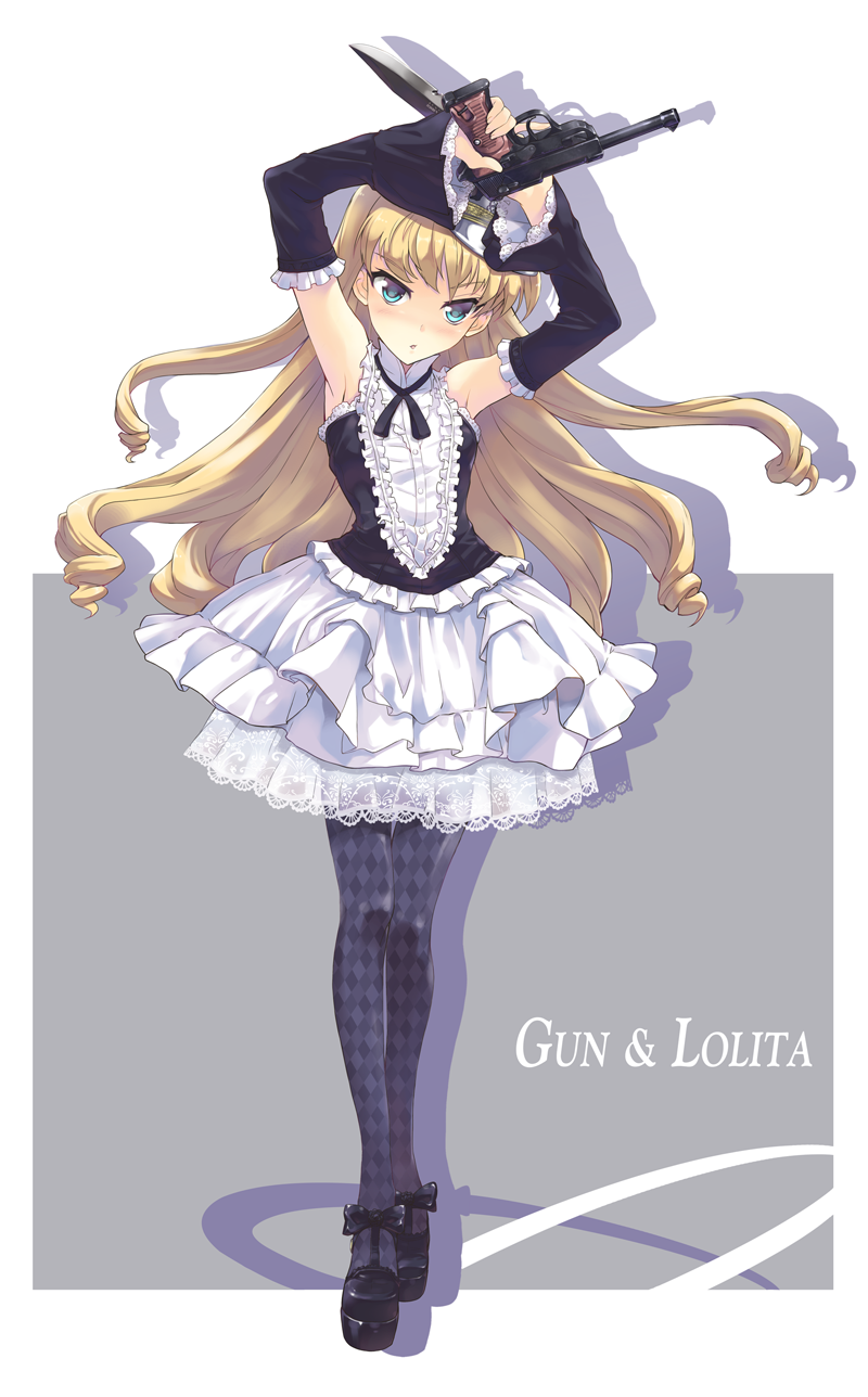 armpits, arms_up, blonde_hair, blue_eyes, detached_sleeves, drill_hair, gothic_lolita, gun