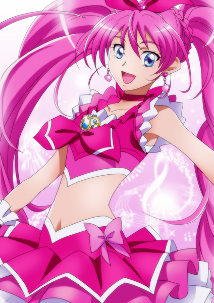 1girl, axis, blue_eyes, brooch, choker, cure_melody, earrings, frilled_skirt, hair_ribbon, heart, houjou_hibiki, jewelry, long_hair, looking_at_viewer, magical_girl, midriff, musical_note, navel, open_mouth, pink_hair, precure, ribbon, skirt, solo, suite_precure, twintails