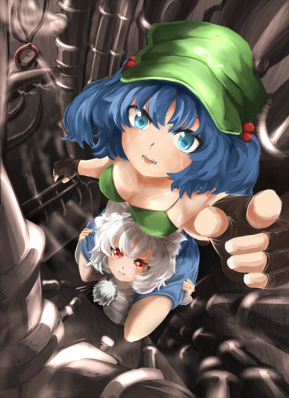 2girls, blue_eyes, blue_hair, hair_bobbles, hair_ornament, hat, highres, inubashiri_momiji, kawashiro_nitori, multiple_girls, piggyback, pipeline, reaching, red_eyes, rikkido, short_hair, silver_hair, touhou, twintails
