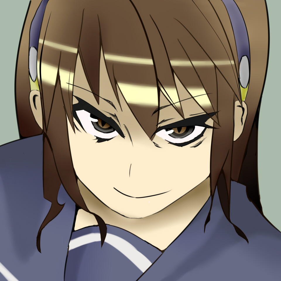 1boy, androgynous, brown_eyes, brown_hair, face, hairband, ii-chan, kabocha_(pff), school_uniform, serafuku, simple_background, smirk, solo, trap, zaregoto_series