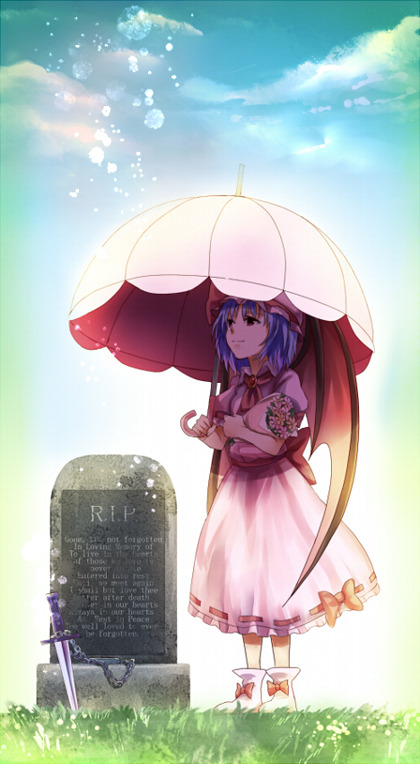 1girl, bat_wings, blue_hair, bouquet, chain, dress, flower, grass