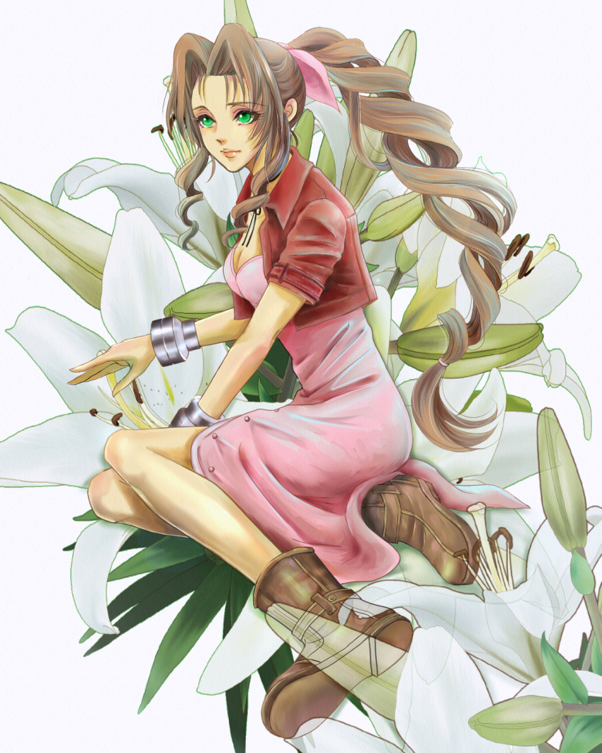 1girl, aerith_gainsborough, bracelet, brown_hair, cropped_jacket, dress, expressionless, final_fantasy, final_fantasy_vii, flower, green_eyes, hair_ribbon, highres, jewelry, lily_(flower), long_hair, pink_dress, pipi-mama, ponytail, ribbon, shoes, solo