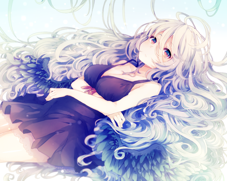 1girl, babydoll, black_wings, breasts, cleavage, itamidome, long_hair, looking_at_viewer