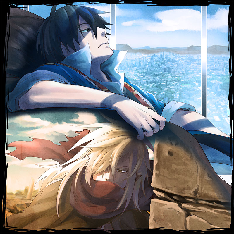 2boys, blonde_hair, blue_hair, city, desert, multiple_boys, scarf, simon
