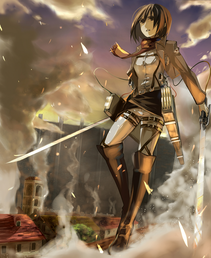 1girl, belt, black_eyes, black_hair, boots, dual_wielding, highres, jacket
