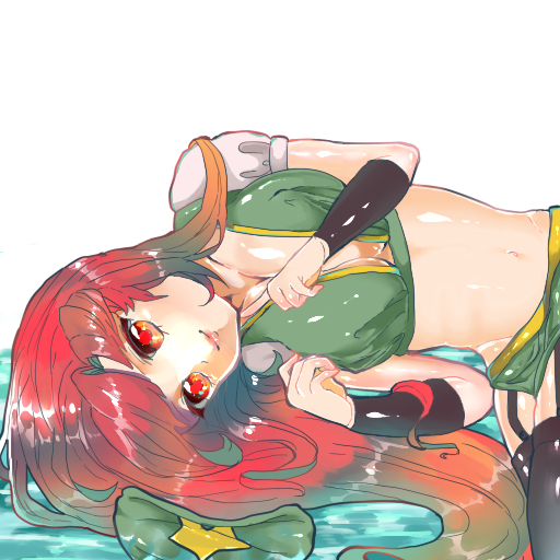 1girl, black_legwear, breast_squeeze, breasts, cleavage, hat, hat_removed, headwear_removed, hong_meiling, large_breasts, long_hair, midriff, on_side, partially_submerged, red_eyes, redhead, rog92, smile, solo, star, thigh-highs, touhou