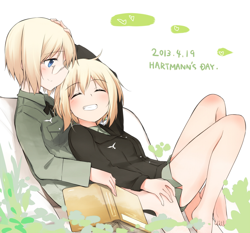 2girls, barefoot, blonde_hair, blue_eyes, blush, book, erica_hartmann, glasses
