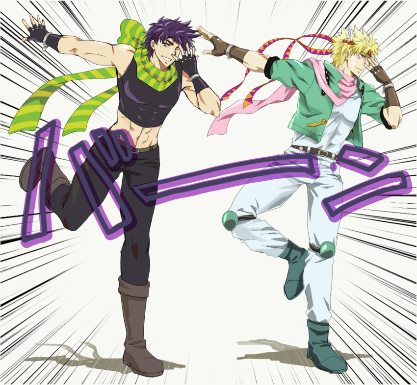 2boys, black_hair, blonde_hair, blue_eyes, boots, bow, caesar_anthonio_zeppeli, dancing