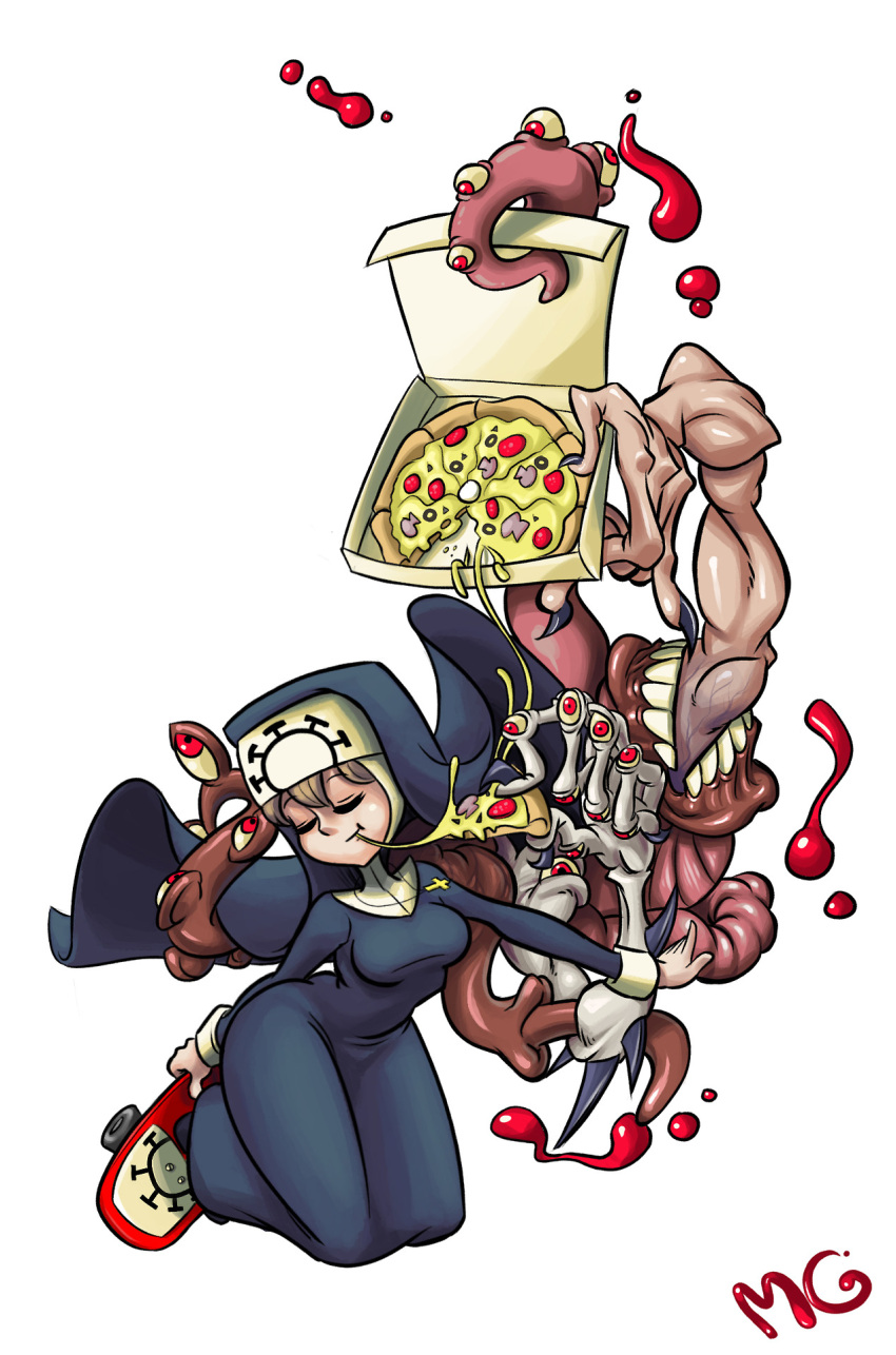 blonde_hair, breasts, closed_eyes, cross, cross_necklace, double_(skullgirls), eating, extra_arms