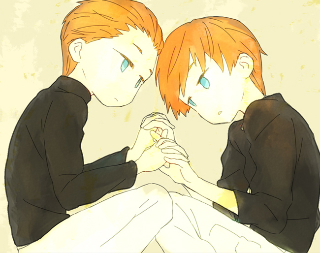 2boys, android, blue_eyes, brown_hair, holding_hands, kurosuke_(nora), multiple_boys, r_daneel_olivaw