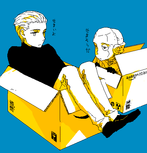 2boys, android, box, kurosuke_(nora), lowres, multiple_boys, r_daneel_olivaw, r_giskard_reventlov