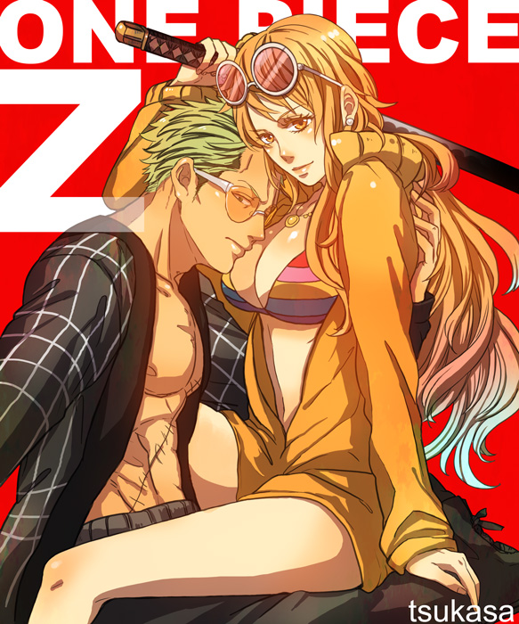 1boy, 1girl, bespectacled, bikini_top, couple, glasses, green_hair, hetero, jacket, jinnai_tsukasa, long_hair, nami, one_piece, orange_eyes, orange_hair, red_background, roronoa_zoro, scar, shirtless, sitting, sitting_on_lap, sitting_on_person, smile, title_drop