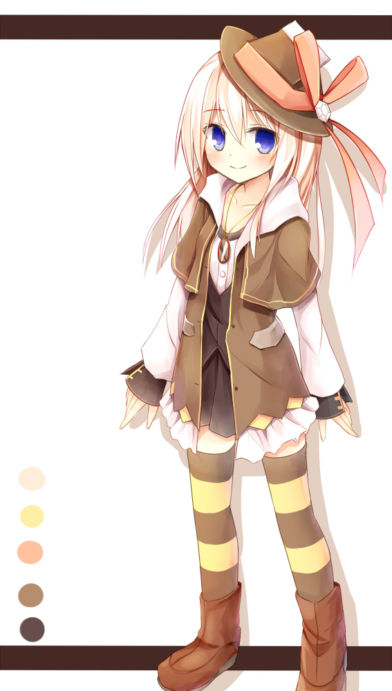 1girl, blonde_hair, blue_eyes, boots, dress, hat, jewelry, letterboxed, long_hair, necklace, sleeves_past_wrists, smile, solo, striped, striped_legwear, thigh-highs, yukico-tan, yukijirushi, yuuhagi_(amaretto-no-natsu)