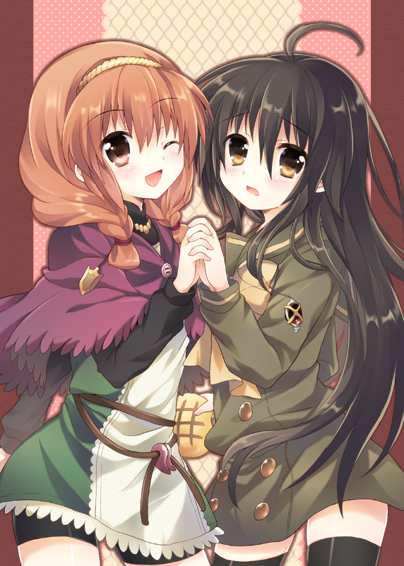 2girls, bike_shorts, black_hair, braid, bread, brown_eyes, brown_hair, chiara_toscana