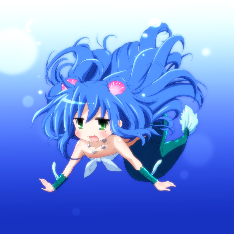 1girl, bandeau, blue_hair, fish_tail, flat_chest, green_eyes, izumi_konata, long_hair