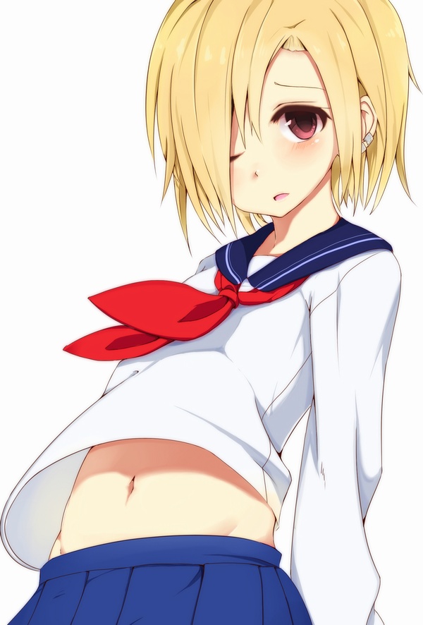 blonde_hair, earrings, hair_over_one_eye, idolmaster, idolmaster_cinderella_girls, jewelry, midriff, necktie