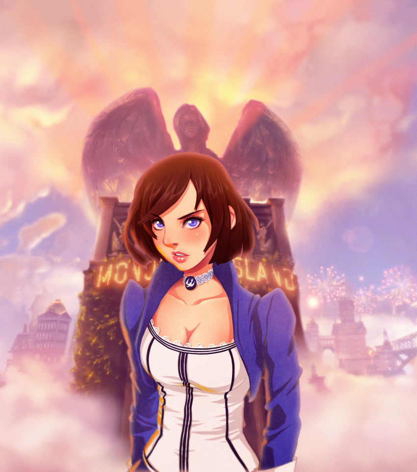 1girl, angel, bioshock, bioshock_infinite, blue_eyes, breasts, brown_hair, choker, cleavage, clouds, coreymill, dress, elizabeth_(bioshock_infinite), frown, highres, lips, short_hair, solo, statue, sunset