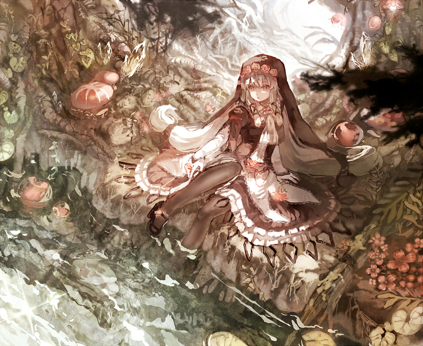 bridal_gauntlets, brown_eyes, brown_hair, dress, flower, habit, highres, jewelry