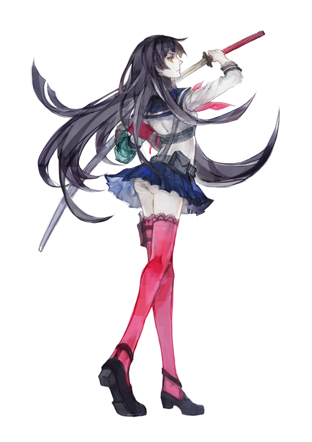 7th_dragon_2020, ass, black_hair, cocoons, katana, panties, samurai_(7th_dragon_2020), school_uniform