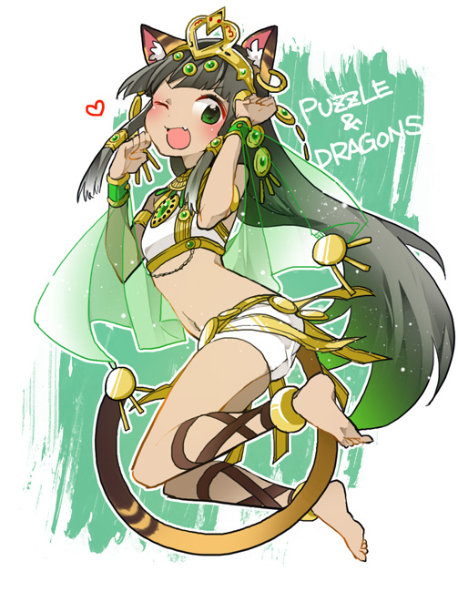 animal_ears, ankle_lace-up, armband, barefoot, bastet_(p&amp;d), cat_ears, cat_tail, circlet, cross-laced_footwear, dark_skin, earrings, egyptian, fang, green_eyes, jewelry, kashi-k, long_hair, midriff, navel, open_mouth, paw_pose, puzzle_&amp;_dragons, tail, very_long_hair, wink, wristband