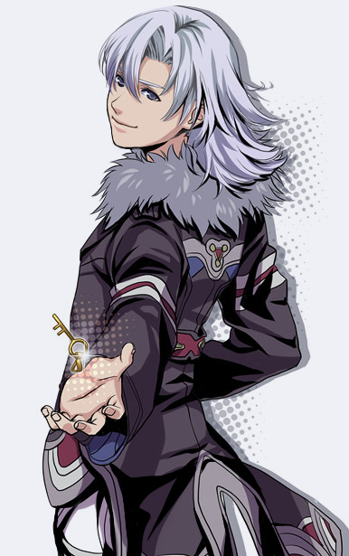 1boy, alvis, blue_eyes, coat, fur_trim, key, ohse, silver_hair