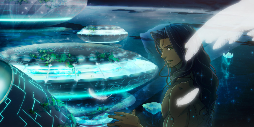 1boy, city, dark_skin, dunban, facial_hair, feathers, katakeo, long_hair