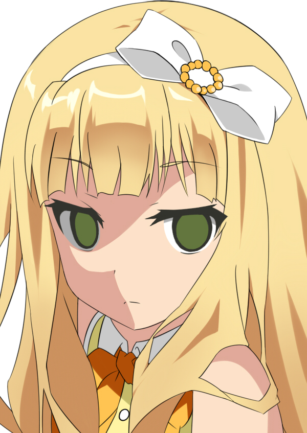 1girl, azuki_azusa, beads, blonde_hair, bow, empty_eyes, frown, green_eyes