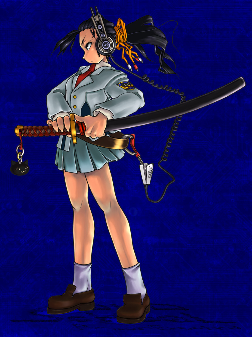 1girl, akg, black_eyes, black_hair, blazer, gunparade_march, headphones, highres