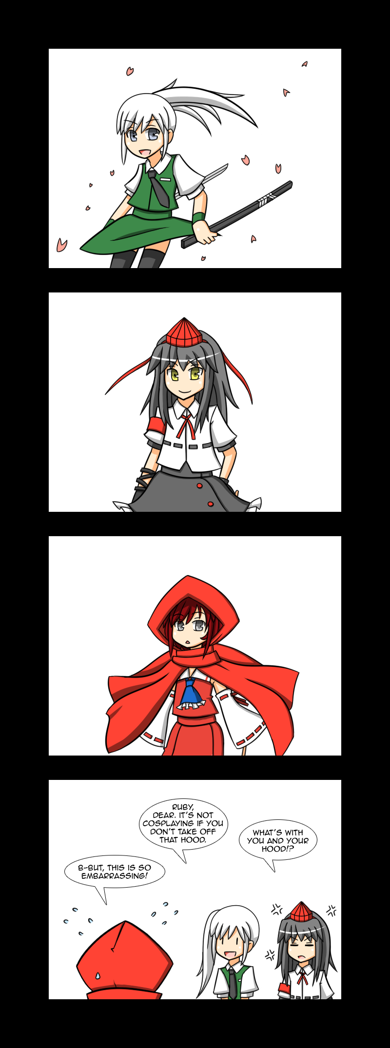 blake_belladonna, cosplay, english, hakurei_reimu, highres, hood, konpaku_youmu, lunarisaileron